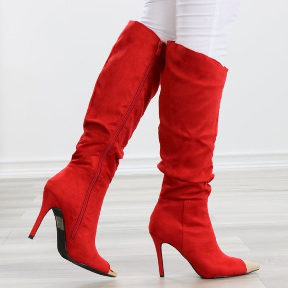 Fancy Pointy Toe Below The Knee Red Boots Suede - Picture 9 of 14